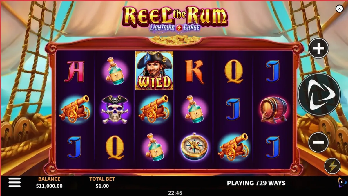 Isang makulay na pirate-themed slot machine na Reel the Rum na may mga simbolo ng gintong barya at kanyon.